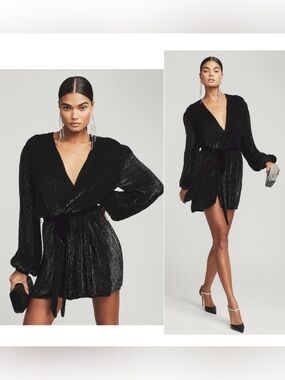 Retrofete Black Shimmery V-Neck Long Sleeve Mini Dress